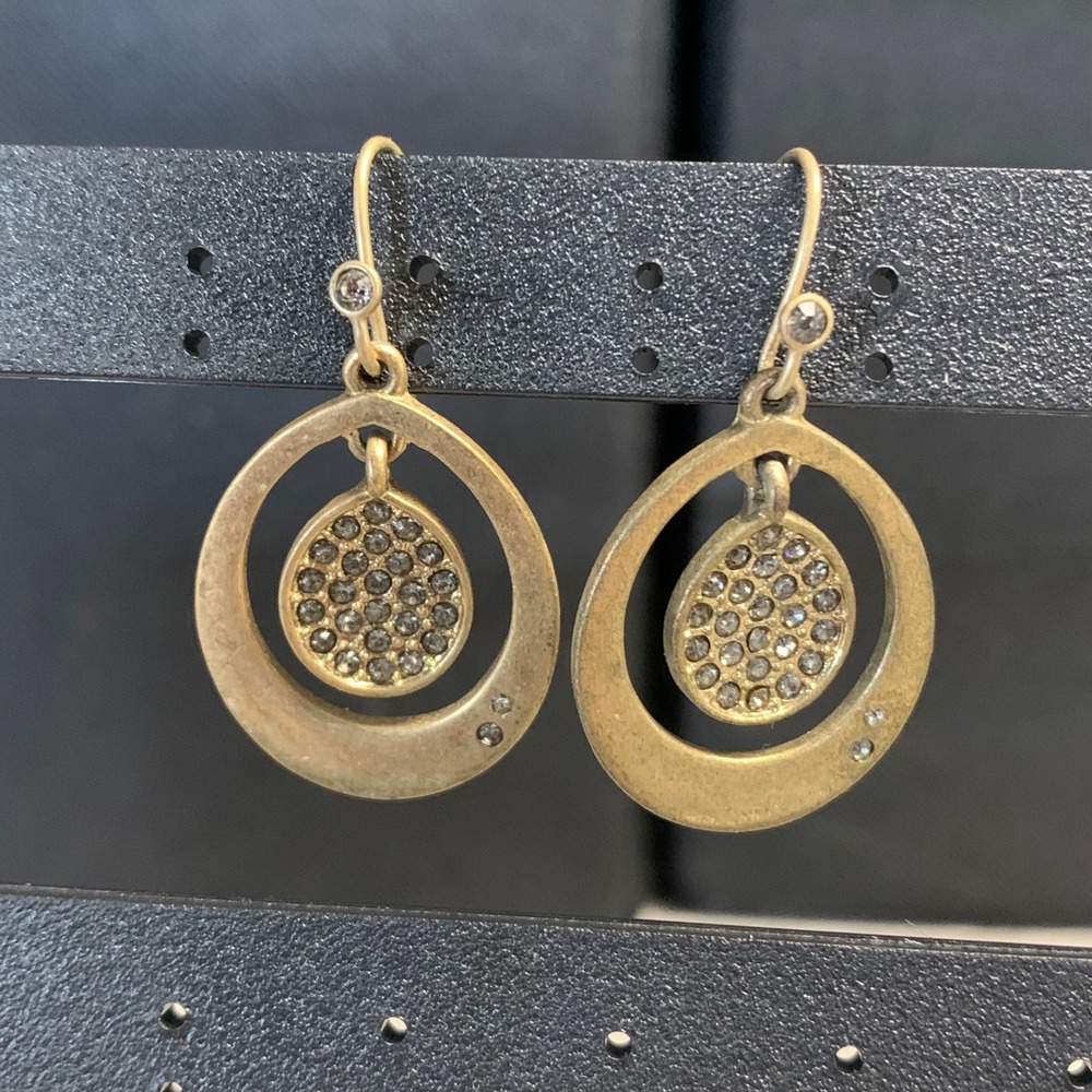 Kenneth Cole New York Gold Tone Grey Pave Crystal Circle Drop Earrings KC Logo